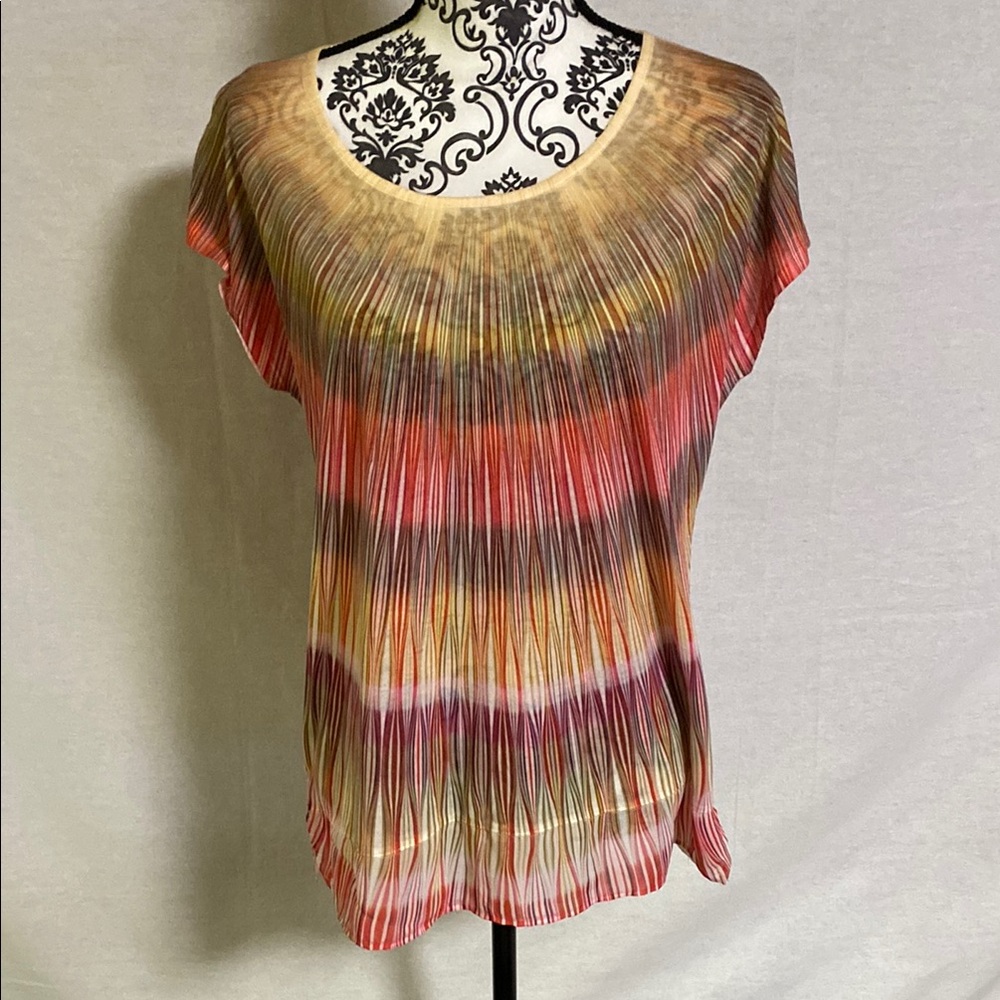 Chico's Yellow and Pink Pleated Cap Sleeve Blouse Excellent Condition
